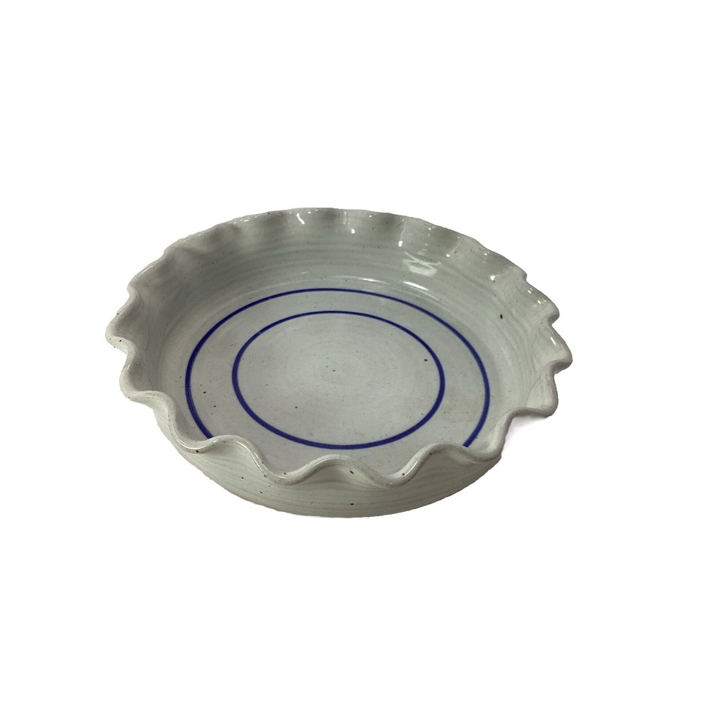Clay Pen Pottery Pie Dish Blue Circle Pattern Glazed Stoneware 9"